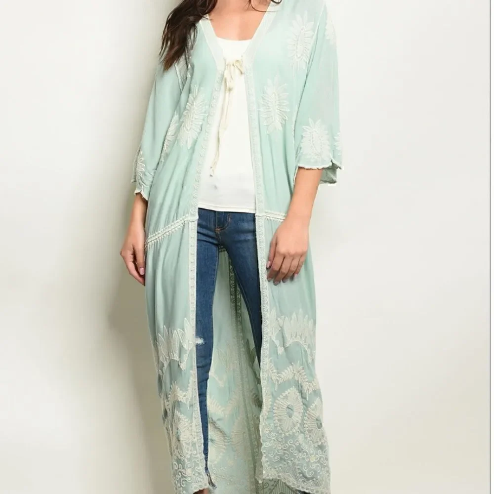 Long Sage kimono long sleeve tie front embroidery